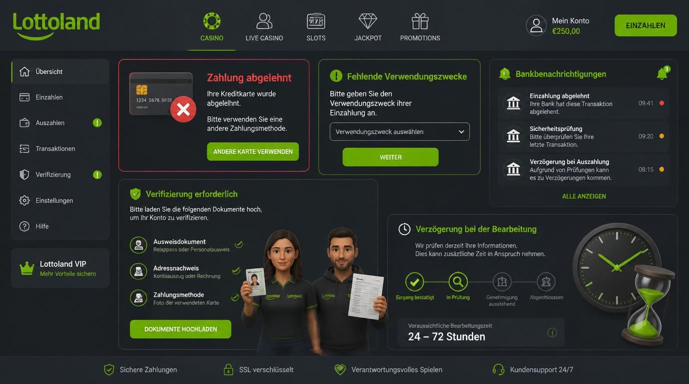 Einzahlungsprobleme wie Verifizierung oder Namensabweichung.