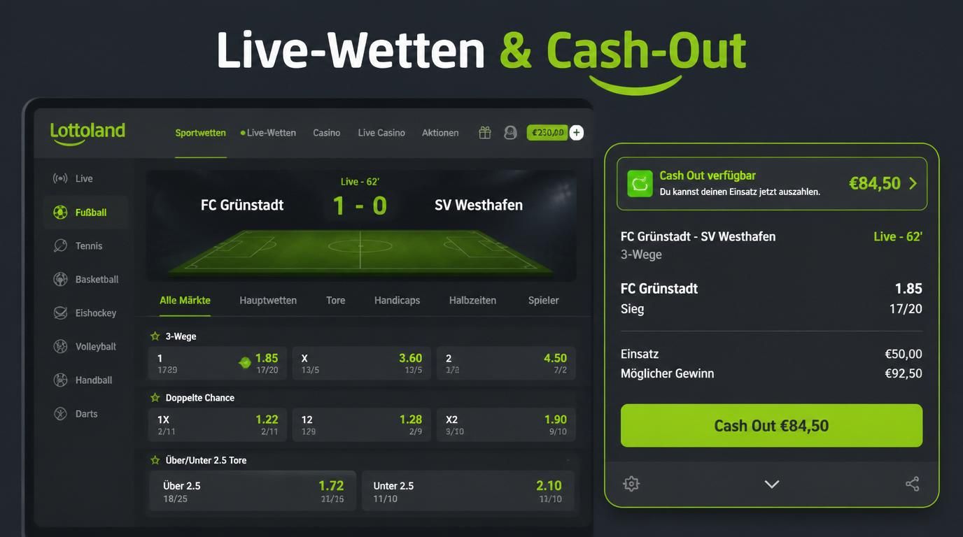 Eine Live-Wetten-Benutzeroberfläche mit Quoten und Cash-Out-Möglichkeit gebündelt.