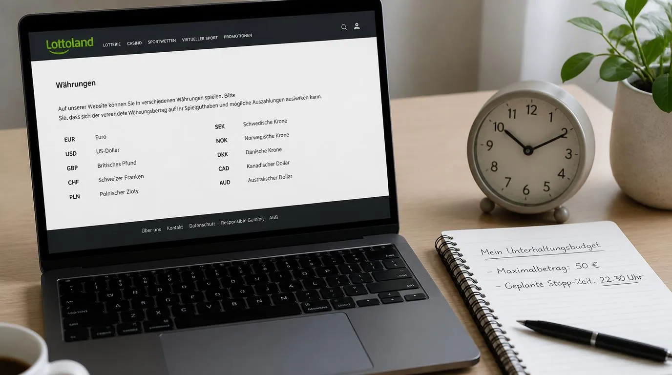 Moderner Webauftritt mit Währungsangaben neben einem Notizbuch für Spielbudget und Zeitplanung