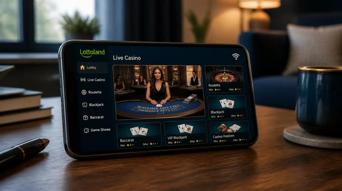 Smartphone mit Live-Casino-Lobby und sichtbaren Einsatzlimits neben einem geöffneten Dealer-Tisch