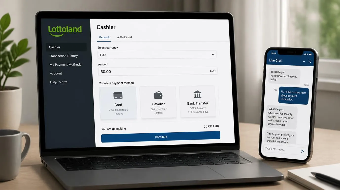 Englische Casino-Kasse mit EUR-Auswahl, Zahlungsarten und geöffnetem Live-Chat