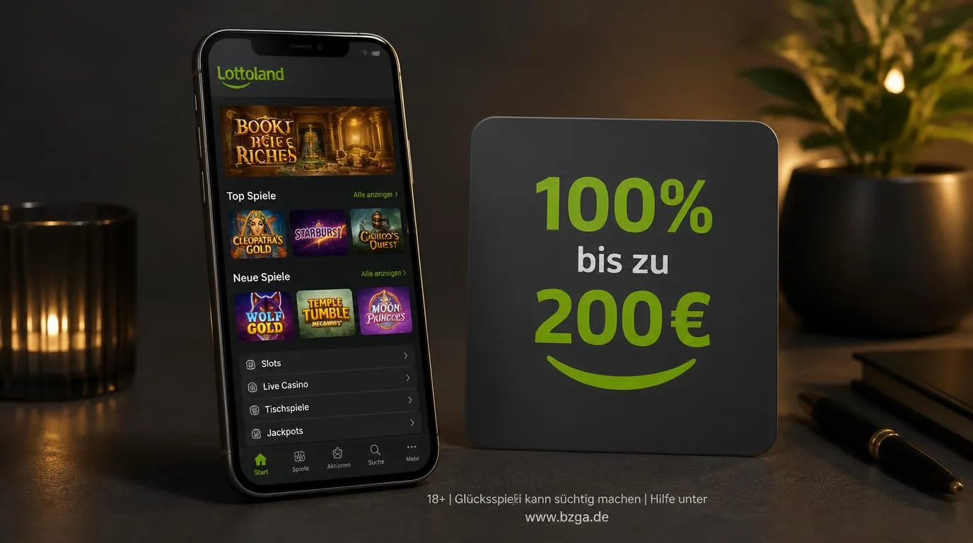 Smartphone mit Casino-Spielübersicht neben einer Karte zum Willkommensangebot von 100% bis zu 200 €